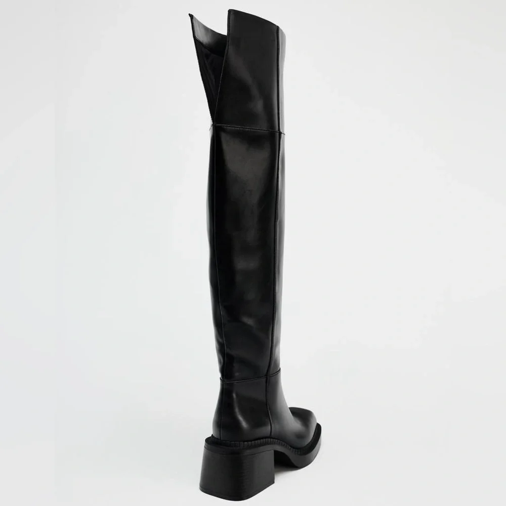 Zara Women’s 6 Extra Long Square Toe Black Boots Thigh High Over The Knee Combat